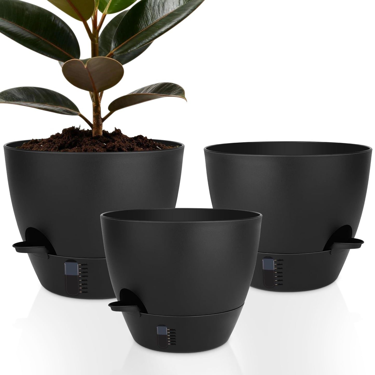 QRRICA Self-Watering Plant Pots with Water Level Indicator, Drainage Holes & Saucers – 12/10/9 Inch Large Plastic Planter Set for Indoor & Outdoor Plants (Pure Black)