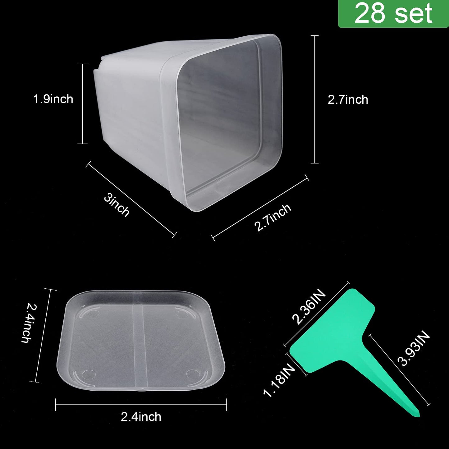 Business King Square Nursery Pots Plastic 28 pcs 3 inches with Saucers and Plant Labels Reusable Seedling Pots Frosted Starter Plant Pots Mini Planter for Indoor/Outdoor