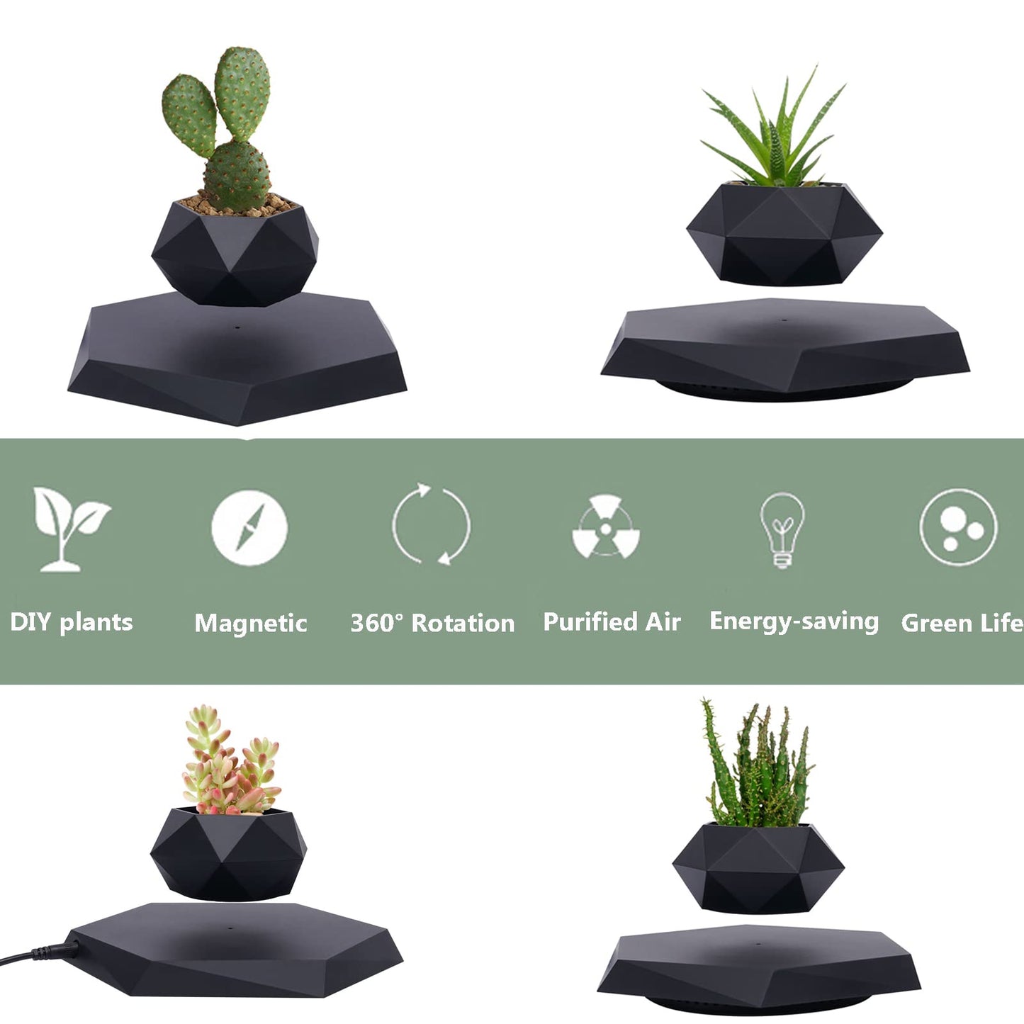 WUPYI Floating Plant Pot,Magnetic Levitating Plant Pot for Air Plants,Rotating Air Bonsai Planter Flower Pot for Office Home Levitating Desk Levitating Decor(Black)