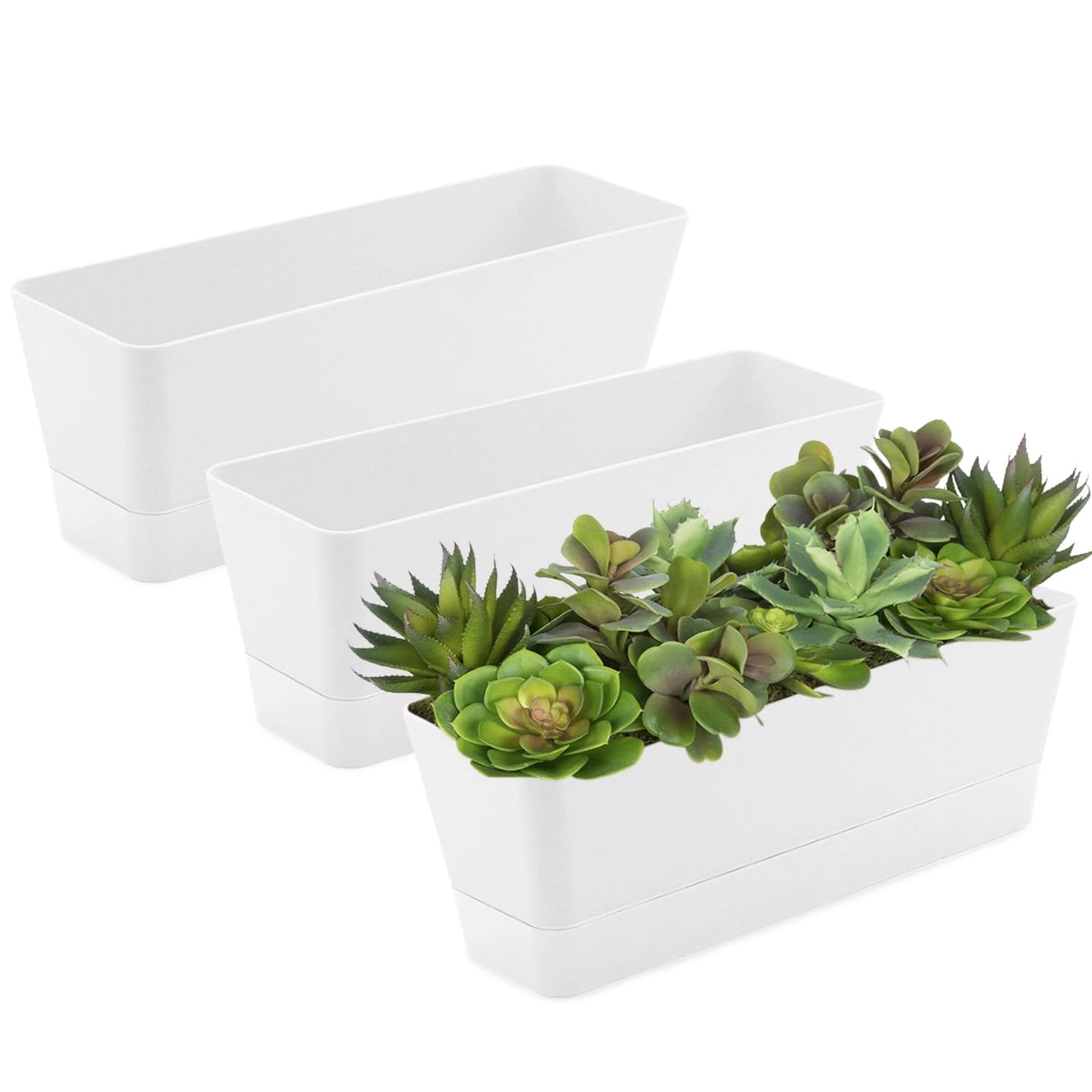 Lainrrew 3 Pack Window Box Planters, 12 Inches Rectangular Planter Plastic Flower Box Plant Pots Plant Containers with Tray for Balcony, Windowsill, Garden, Home Office Outdoor Decoration, White