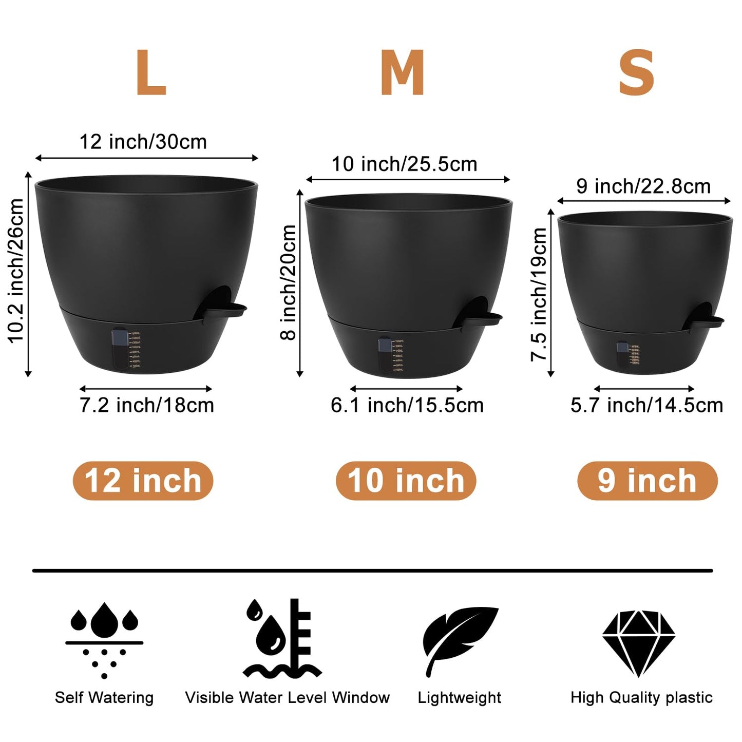 QRRICA Self-Watering Plant Pots with Water Level Indicator, Drainage Holes & Saucers – 12/10/9 Inch Large Plastic Planter Set for Indoor & Outdoor Plants (Pure Black)
