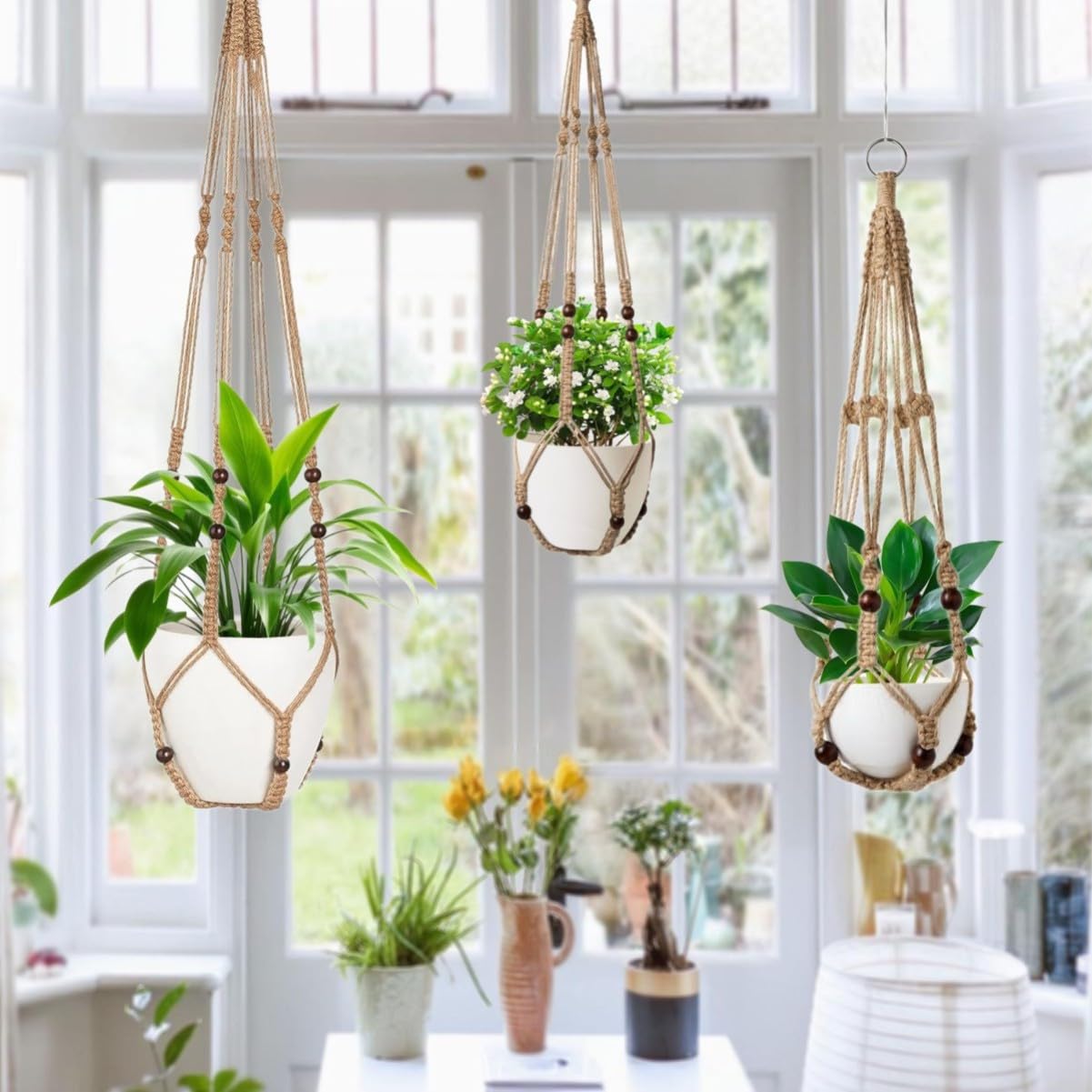 MDKFKDK 3 Pack Macrame Plant Hanger,Hanging Plant Holder, Boho Home Decor Hanging Basket with Wood Beads,Hanging Planters for Indoor Plants,Plant Hanger Indoor 35"/29"/23" Brown (POTS NOT Included)