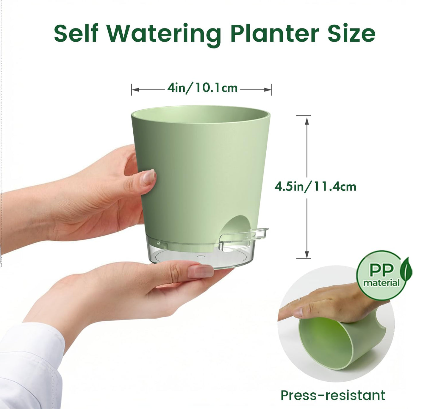Meowell 4 inch Self Watering Pots for Indoor Plants, 5 Pack Small Flower Plant Pots with Drainage Holes and Clear Reservoirs, Visible Water Level, Plastic Planters with Wicking Rope, Green