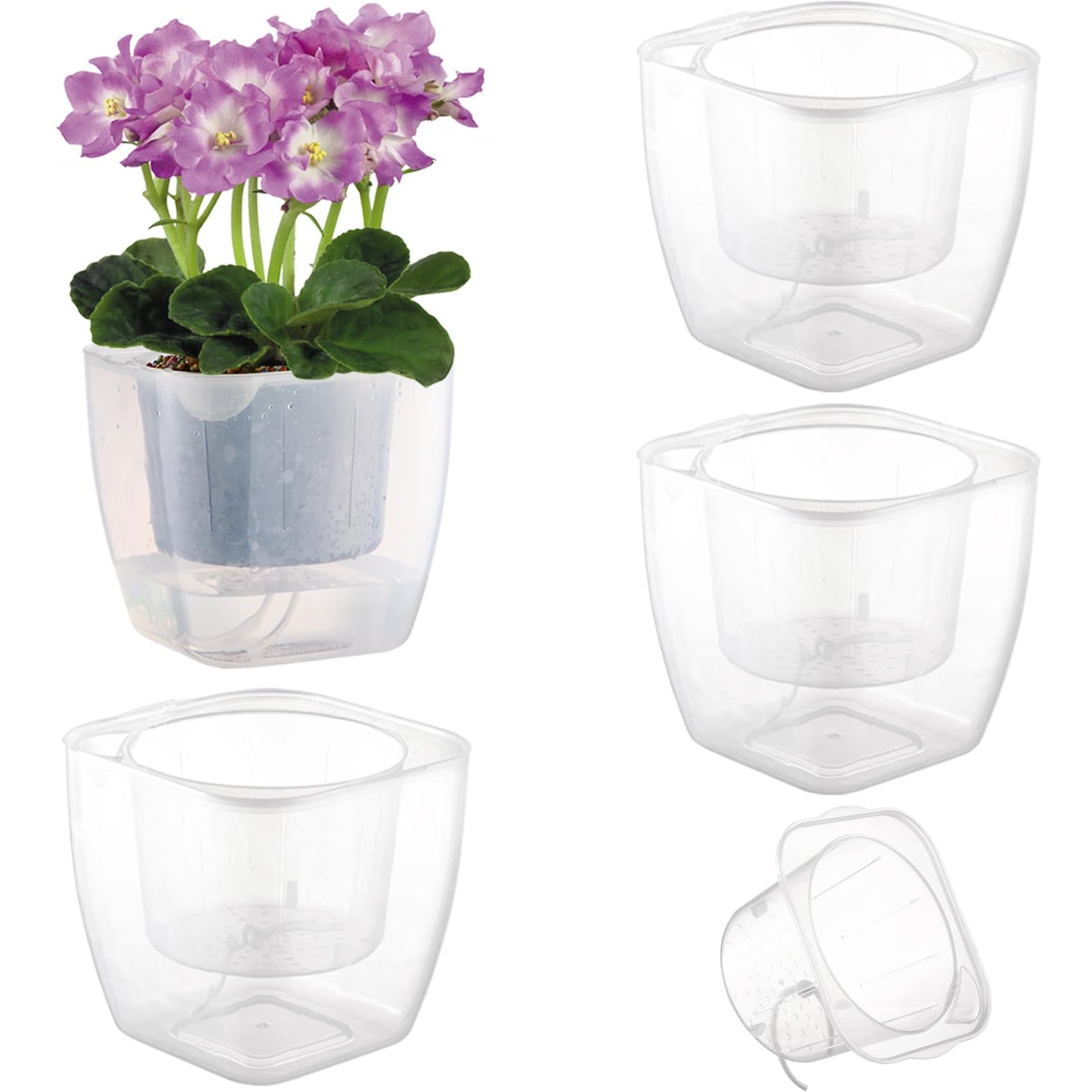 3-Pack Clear Self Watering Planters for Indoor Plants 7" Large African Violet Plant Pots Plastic Wick Flower Pots with Water Injection Hole, Orchid Plant Pot Set, Clear