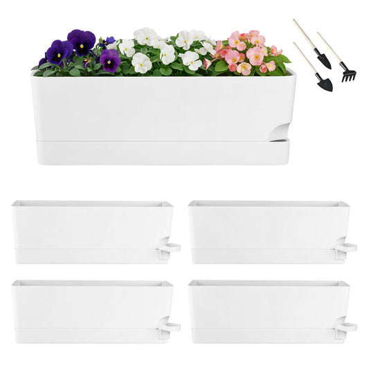 Party Zealot Window Boxes Planters, 5 Pack Self Watering Pots for Indoor Plants 17 Inch Rectangular Planter Rectangle Flower Pots Long Plant Pot Large Window Sill Herb Planter Box, White