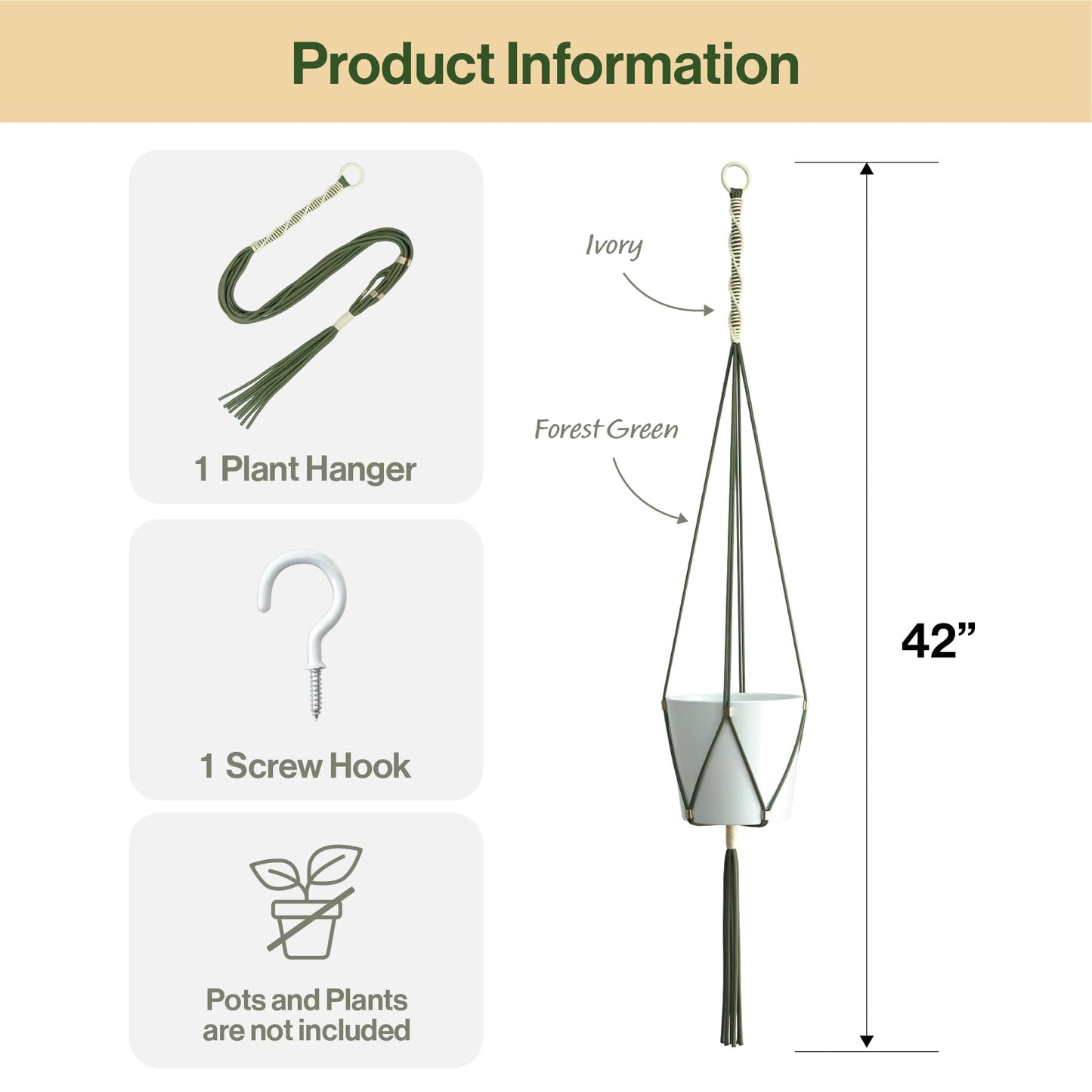 LET BE Macrame Plant Hanger Polyester Rope 42 Inch Outdoor Indoor Adjustable Hanging Planter for up to 10 Inch Plant Pot Modern Boho Home Decor (1, Forest Green/Ivory)