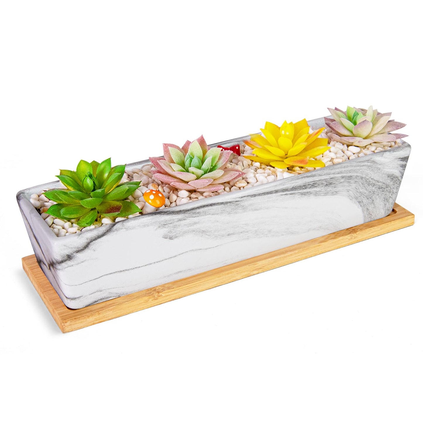 Succulent Pots - 12.1 Inch Large Succulent Pots with Drainage Tray, Window Sill Planter, Long Rectangle Ceramic Pots for Indoor Cactus/Succulent Plants Shallow Bonsai Window Box for Home Garden Decor