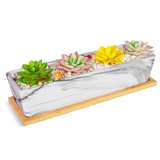 Succulent Pots - 12.1 Inch Large Succulent Pots with Drainage Tray, Window Sill Planter, Long Rectangle Ceramic Pots for Indoor Cactus/Succulent Plants Shallow Bonsai Window Box for Home Garden Decor