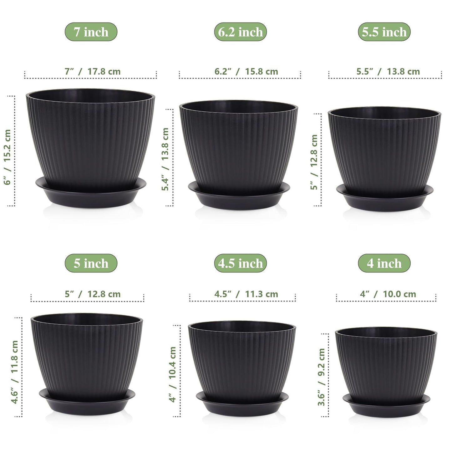 Meowell 7/6.2/5.5/5/4.5/4 inch Flower Pots, 6 Pack Plant Pots for Small Indoor Outdoor Plants, Plastic Planters with Drainage Holes and Saucers for Garden Succulent House Plants, Black