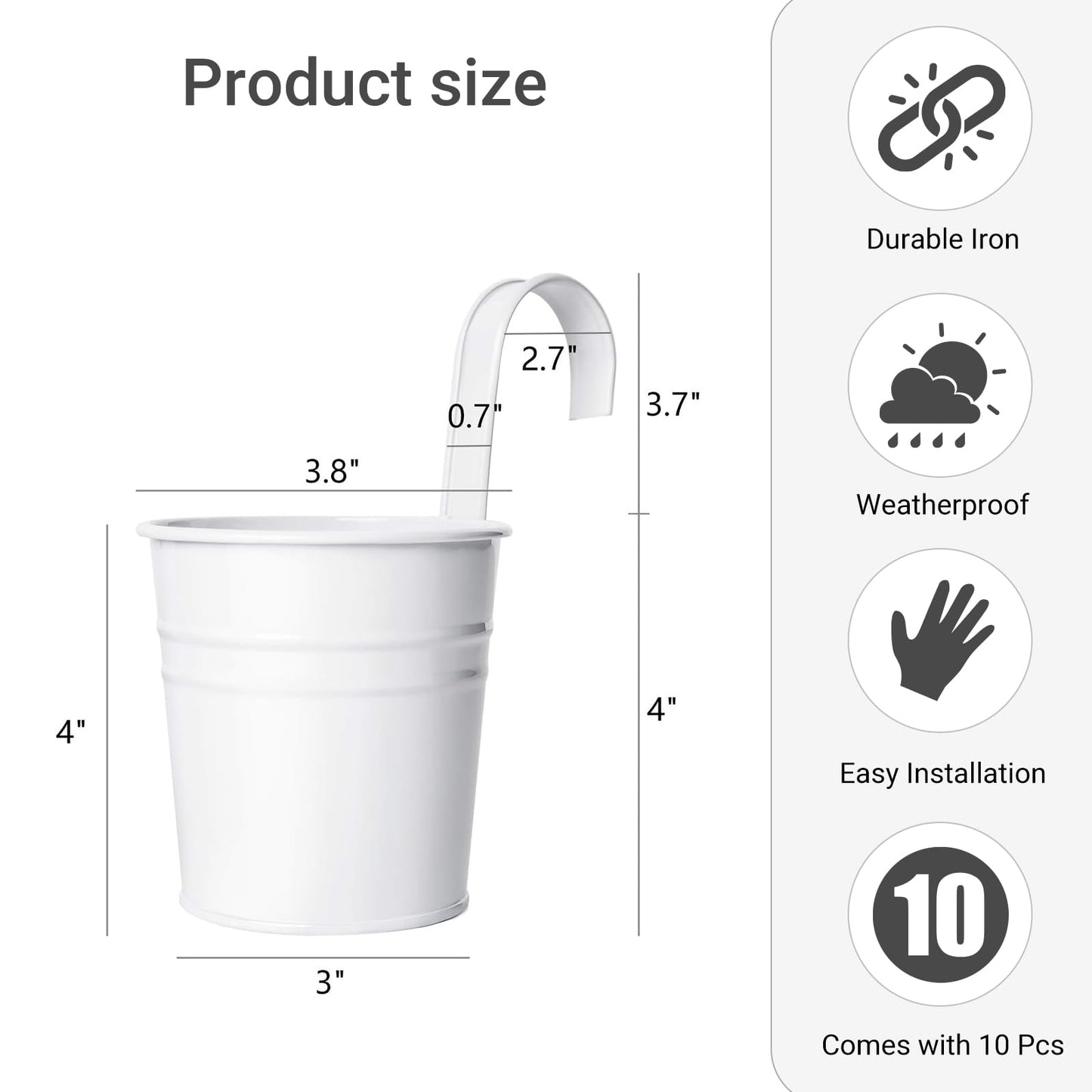 Dahey 10 Pcs Hanging Flower Pots Metal Iron Bucket Planter for Railing Fence Balcony Garden Home Decoration Flower Holders with Detachable Hooks, White, 4 Inches