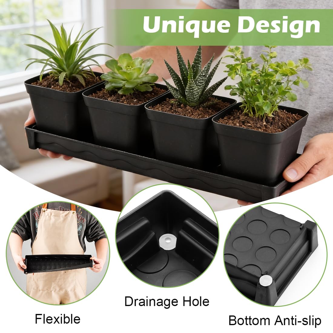 5 Pack Plastic Window Sill Saucer (16"x5.5"x1.5"), Rectangular Windowsill Plant Pot Trays with Removable Drainage Hole, Thick Plant Saucer Tray for 4 inch (10CM) Flower Seedling Pots (Black)