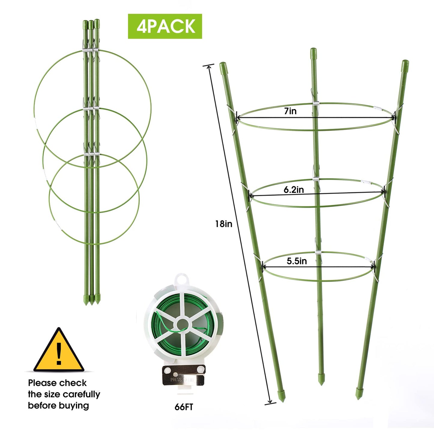 Kgozwon 4 Pack Tomato Cage Plant Support Cages for Garden, 18 inches Trellis for Climbing Plants, Upgrade Garden Plant Stakes with Adjustable Ring, Tomato Rings for Support, with Twist Tie