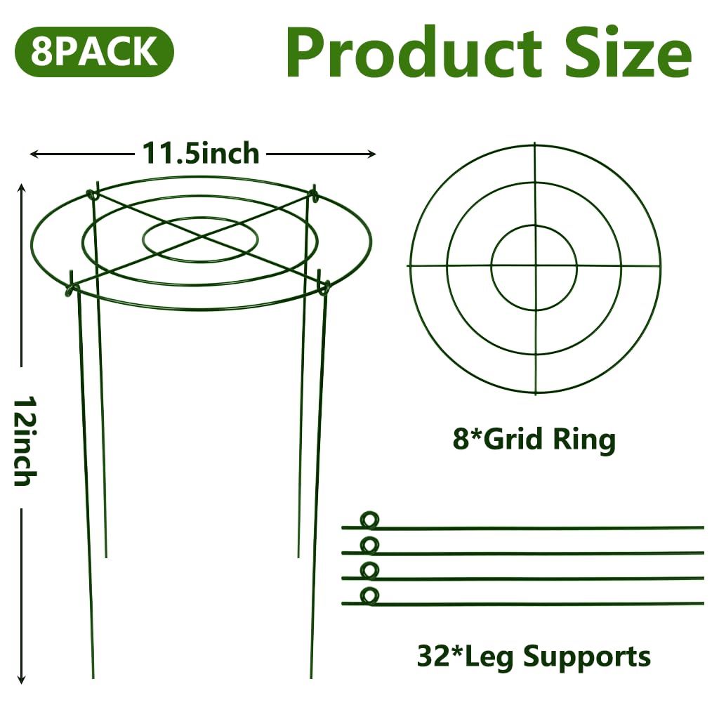 DAYUMKOU 8 Pack Peony Cages and Supports, 11.5" D x 12" H Plant Supports for Outdoor Plants, Heavy Duty Metal Peony Support Cage Flower Support Rings for Rose Hydrangea Strawberry