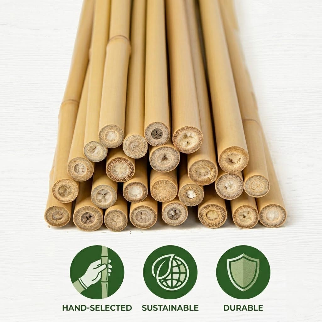 Plant Stakes Natural Bamboo Sticks - 25 Pcs Bamboo Garden Stakes for Plants 4 FT Plant Support Sticks with Twist Ties for Tomatoes Grapes Beans Flowers Indoor Outdoor Potted Climbing Plants