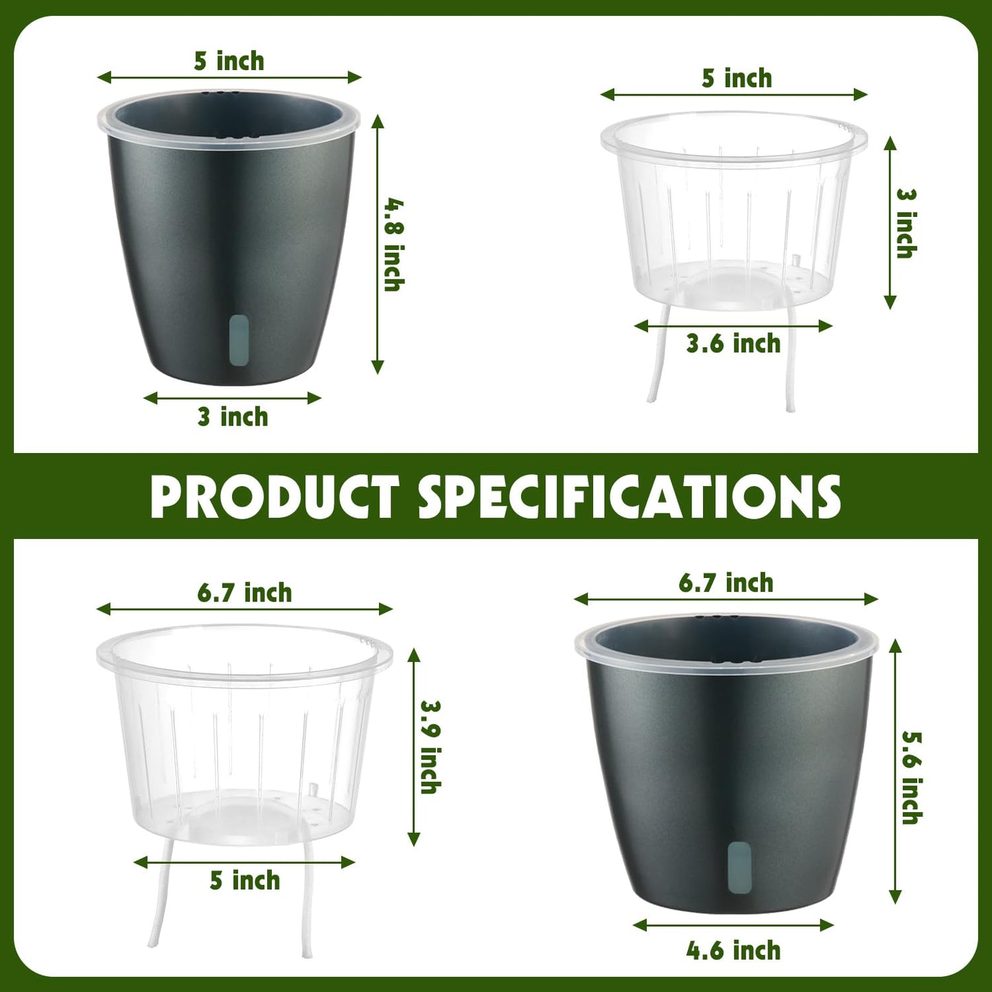 KvyusFlourish Self Watering Pots for Indoor Plants, 6-Pack 5'' Self Watering Planter with Drainage Holes, Small African Violet Pots with Water Indicator, Clear Wick Orchid Pot, Grey