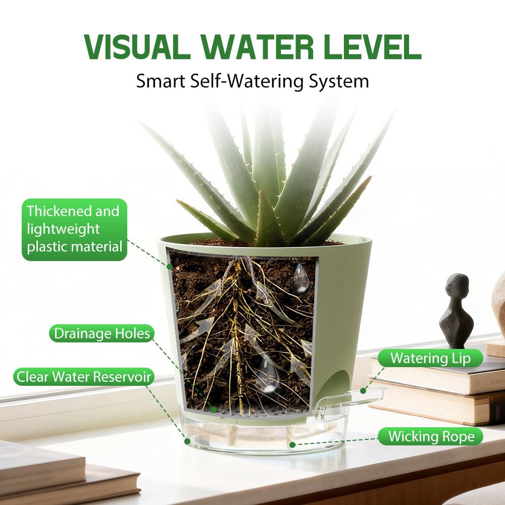 KEETUMOOD Self Watering Pots for Plants, 2026 New Flower Plant Pots with Drainage Holes, Wicking and Clear Reservoirs for Succulent, Aloe, Cacti and Others - 6 Pack (Green, 6")