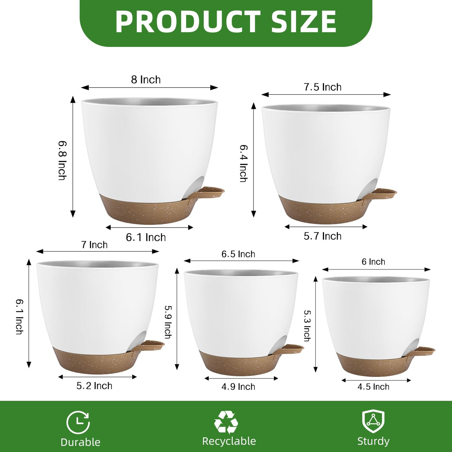 Hylitong Plant Pots 8/7.5/7/6.5/6 Inch Self Watering Pots,5 Pack Planters with Drainage Holes and Saucers,Plastic Flower Pots,Nursery Planters for Indoor Outdoor Plants (White)