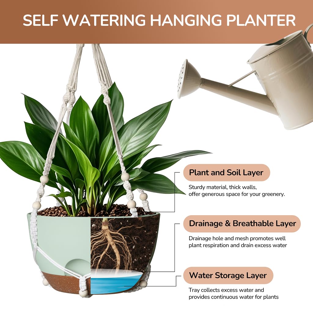 LESOASIS 12 Inch Hanging Baskets for Plants Outdoor, Hanging Planters for Indoor Outdoor Plants, Hanging Planter with Self Watering, Hanging Flower Pots (Green Planter with Macrame + Iron Hangers)
