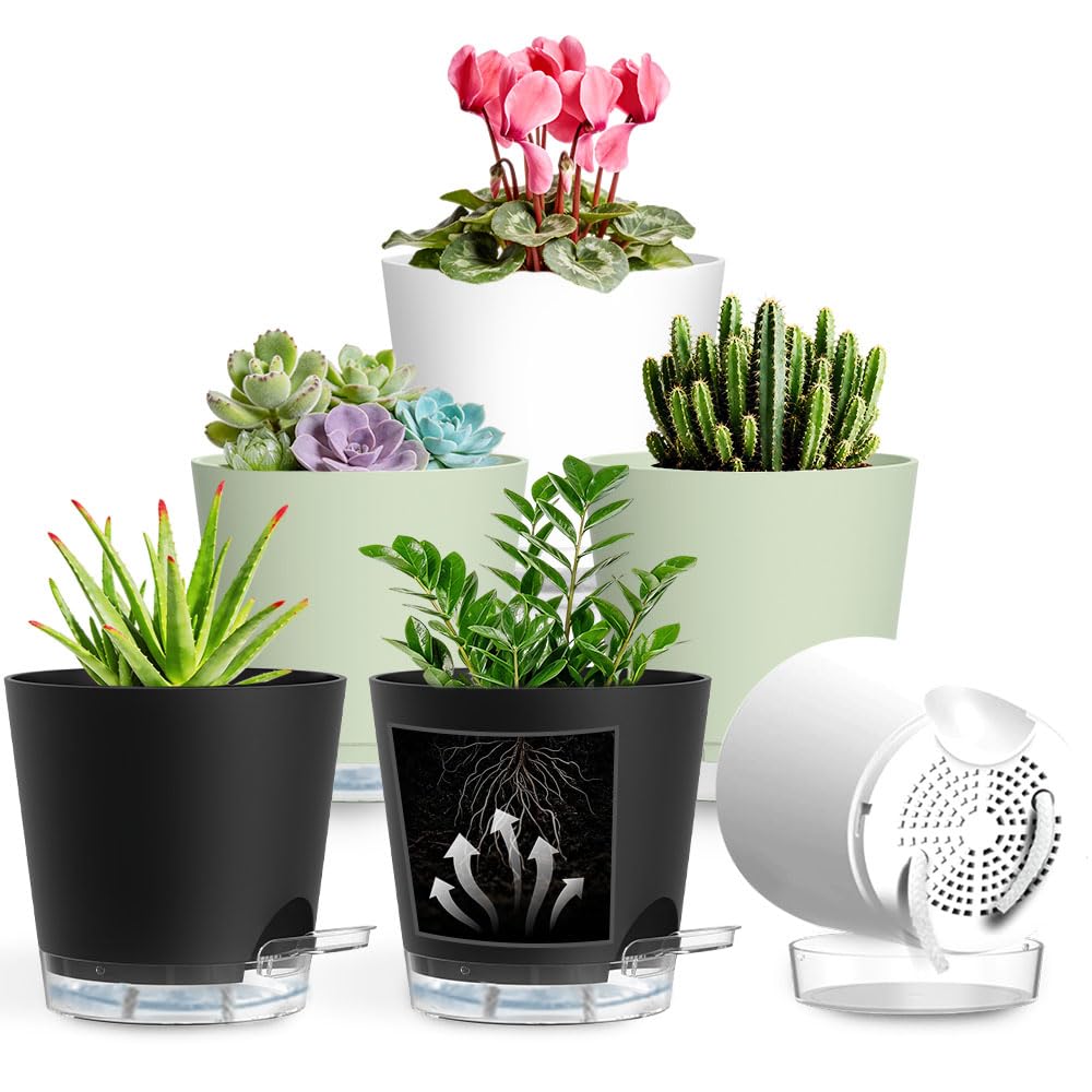 KEETUMOOD Self Watering Pots for Plants, 2026 New Flower Plant Pots with Drainage Holes, Wicking and Clear Reservoirs for Succulent, Aloe, Cacti and Others - 6 Pack (Colorful, 6")
