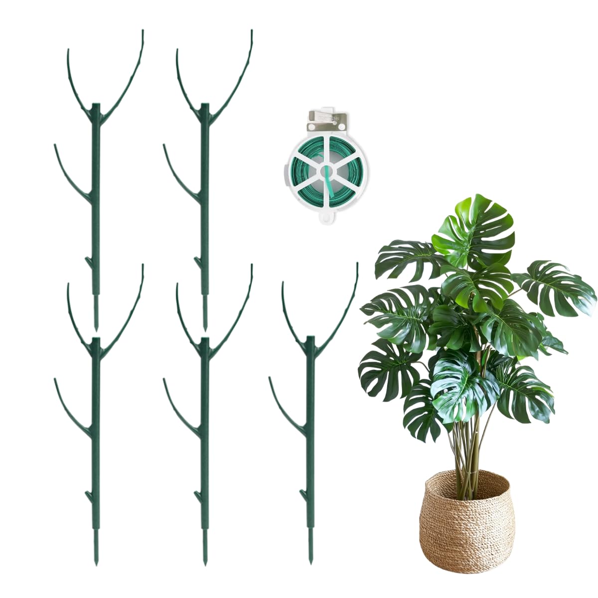 5 Pack Stackable Plant Support Stakes, Moss Pole Alternative for Monstera & Climbing Vines, Gardening Gifts for Women, Garden Essential Trellis Sticks for Indoor Outdoor Plant with 20Pcs Clips & Ties