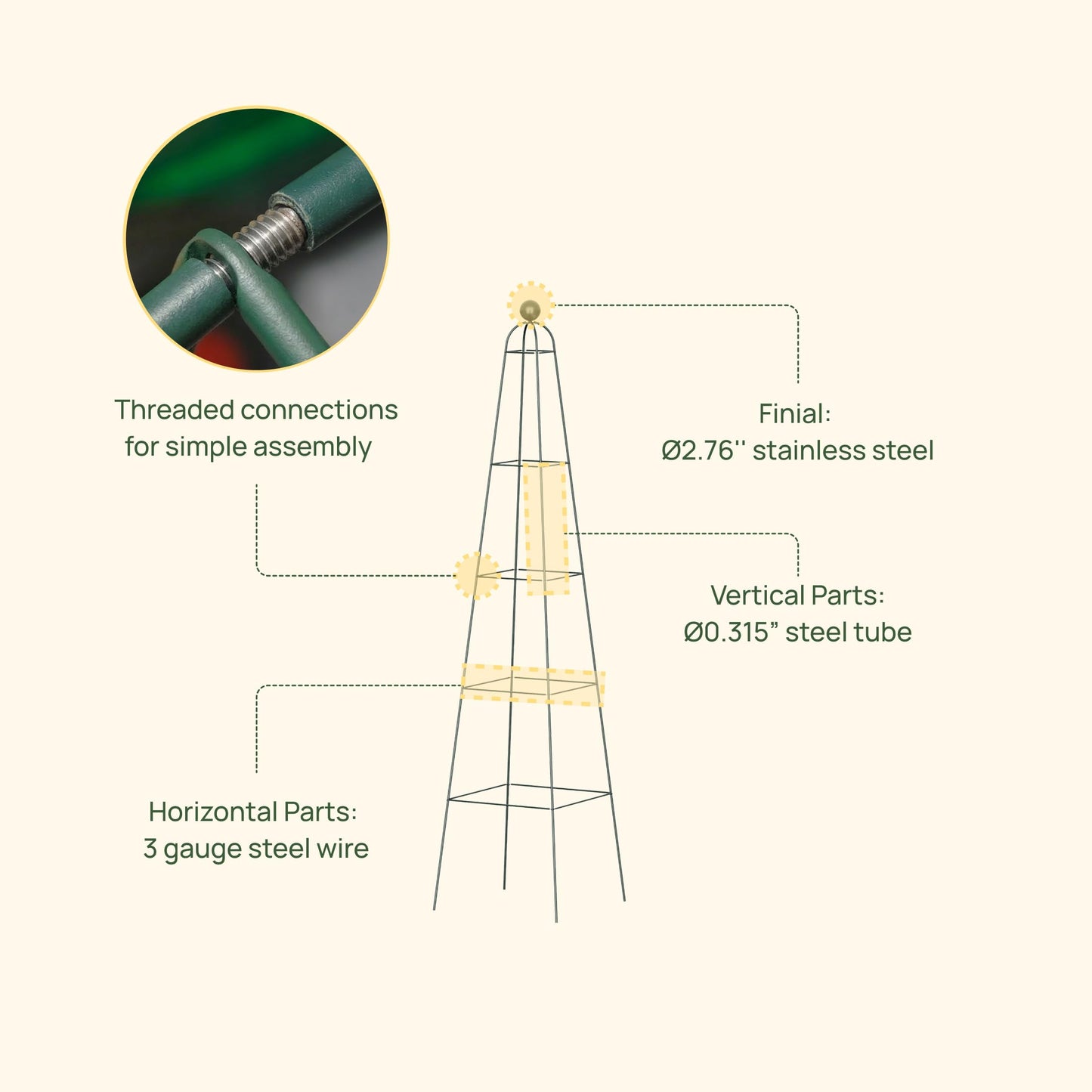 Vego Garden 6.5 ft Pyramid Obelisk Garden Trellis, Metal Rustproof Plant Support Rose Trellis, Tower Potted Cages for Flowers Fruits Vegetable Vines Indoor & Outdoor