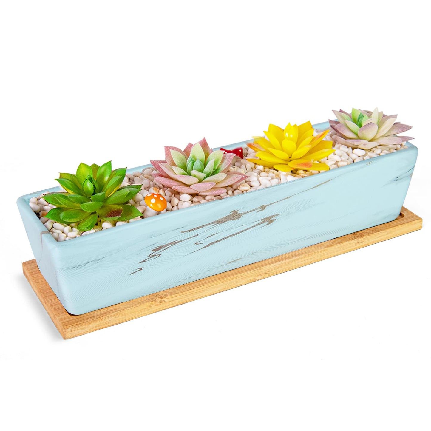 Succulent Pots - 12.1 Inch Large Succulent Pots with Drainage Tray, Window Sill Planter, Long Rectangle Ceramic Pots for Indoor Cactus/Succulent Plants Shallow Bonsai Window Box for Home Garden Decor