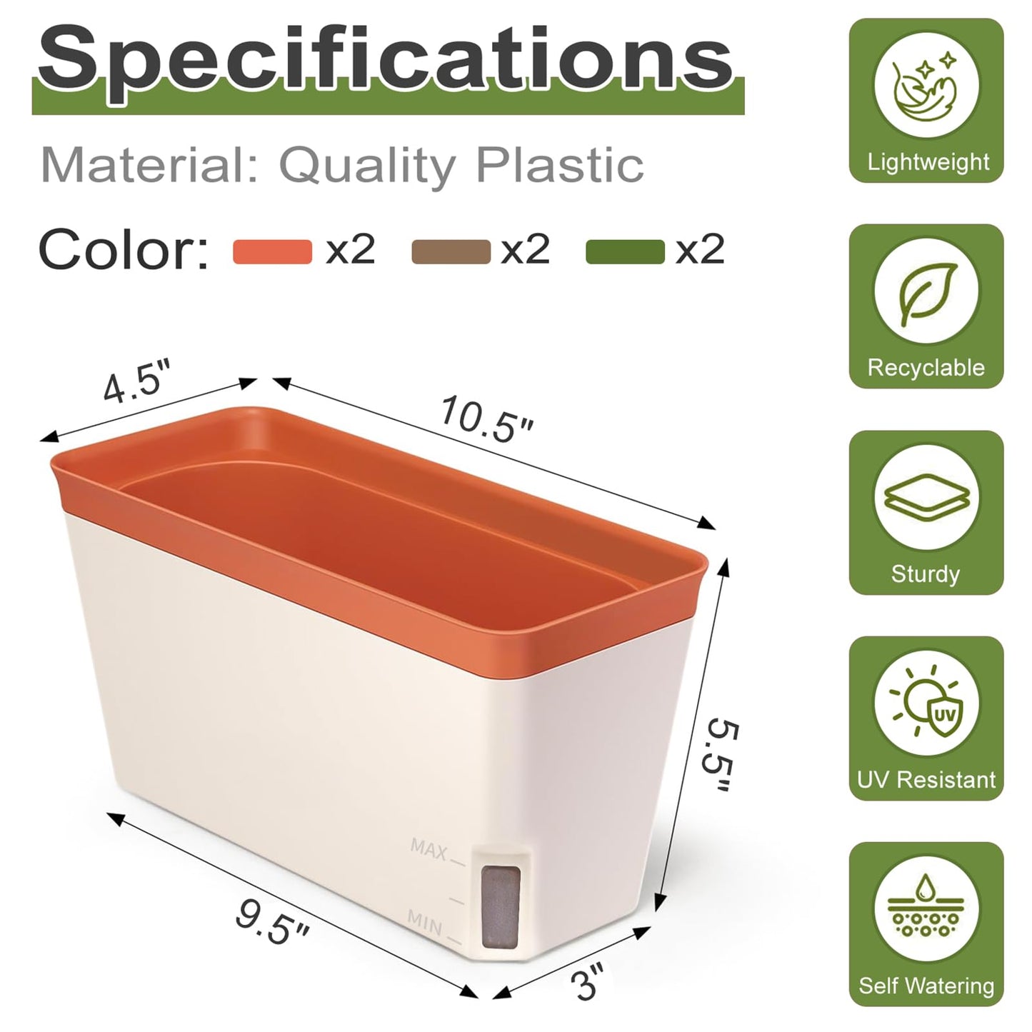 OurWarm Windowsill Herb Planter Box Set of 6, 10.5 Inch Self Watering Pots for Indoor Plants, Flower Box with Water Level Window, Colorful Plastic Flower Pots & Planters for Herbs, Vegetables, Flowers