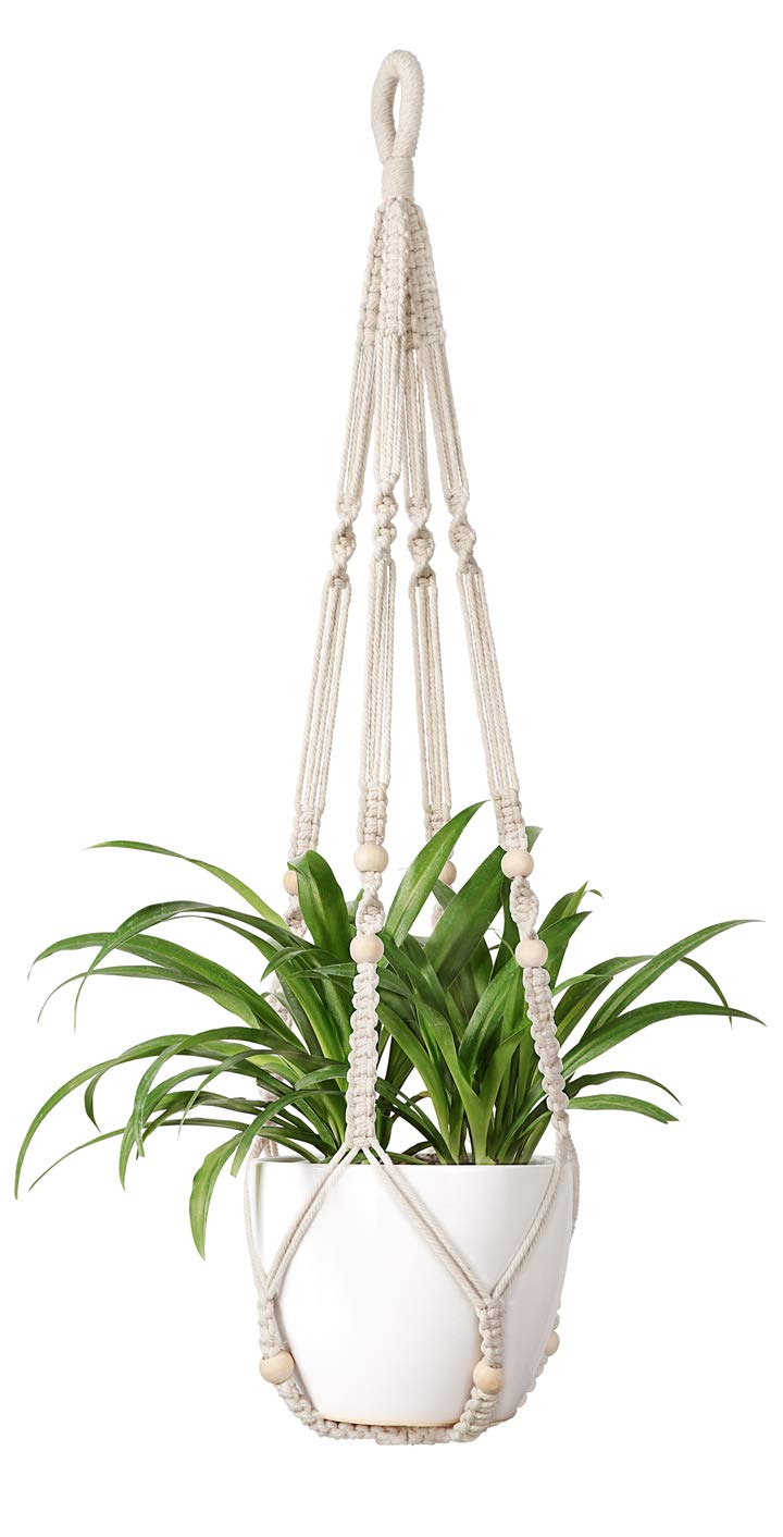 Mkono Set of 2 Macrame Plant Hanger 35 Inch and 43 Inch Indoor Hanging Planter Basket with Wood Beads Decorative Flower Pot Holder No Tassels, Ivory (POTS NOT Included)