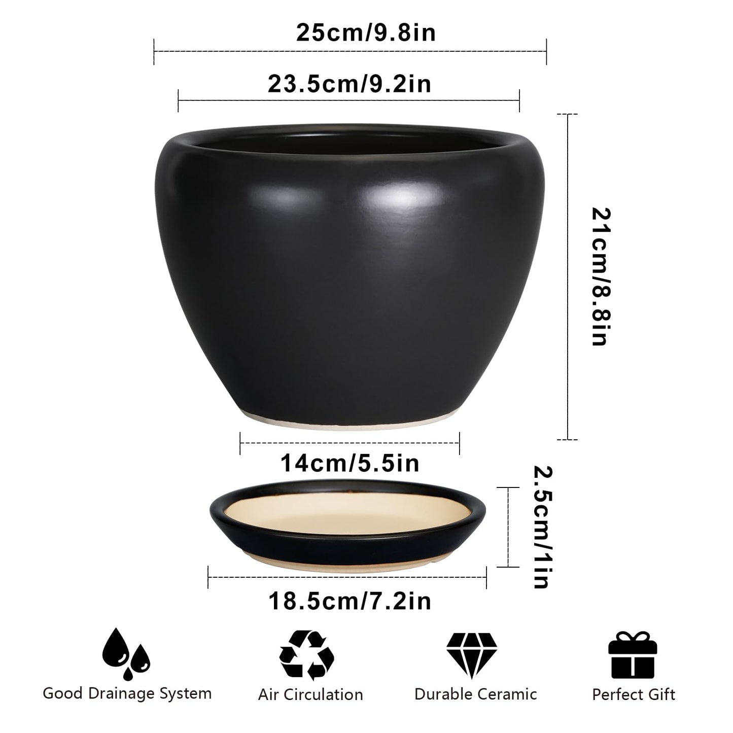 Ceramicfor Ceramic Pot for Plants - 10 Inch Plant Pot Indoor with Drainage Hole and Saucer Large Planter Decorative Planter Modern Outdoor Flower Pot for House Balcony Black
