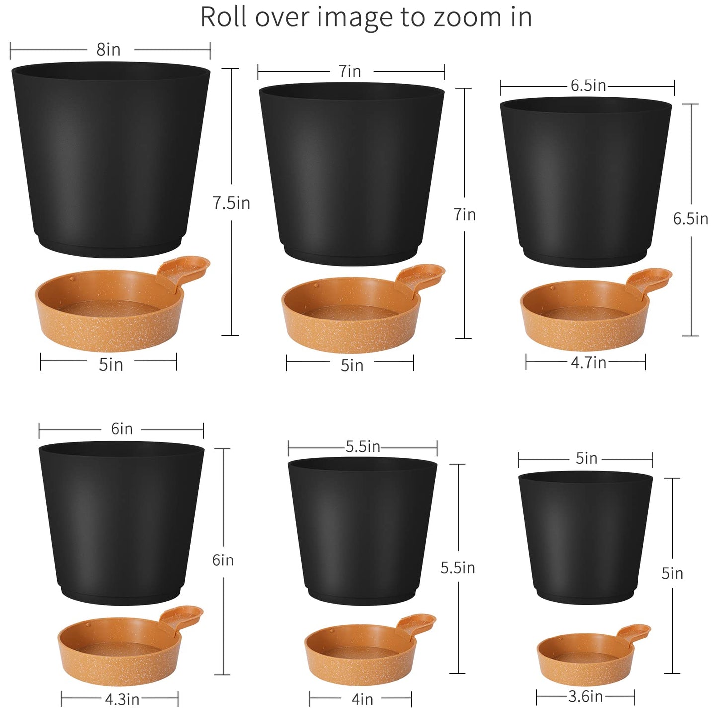 GARDIFE Plant Pots 8/7/6.5/6/5.5/5 Inch Self Watering Planters with Drainage Hole, Plastic Flower Pots, Nursery Planting Pot for All House Plants, African Violet, Flowers, and Cactus,Black