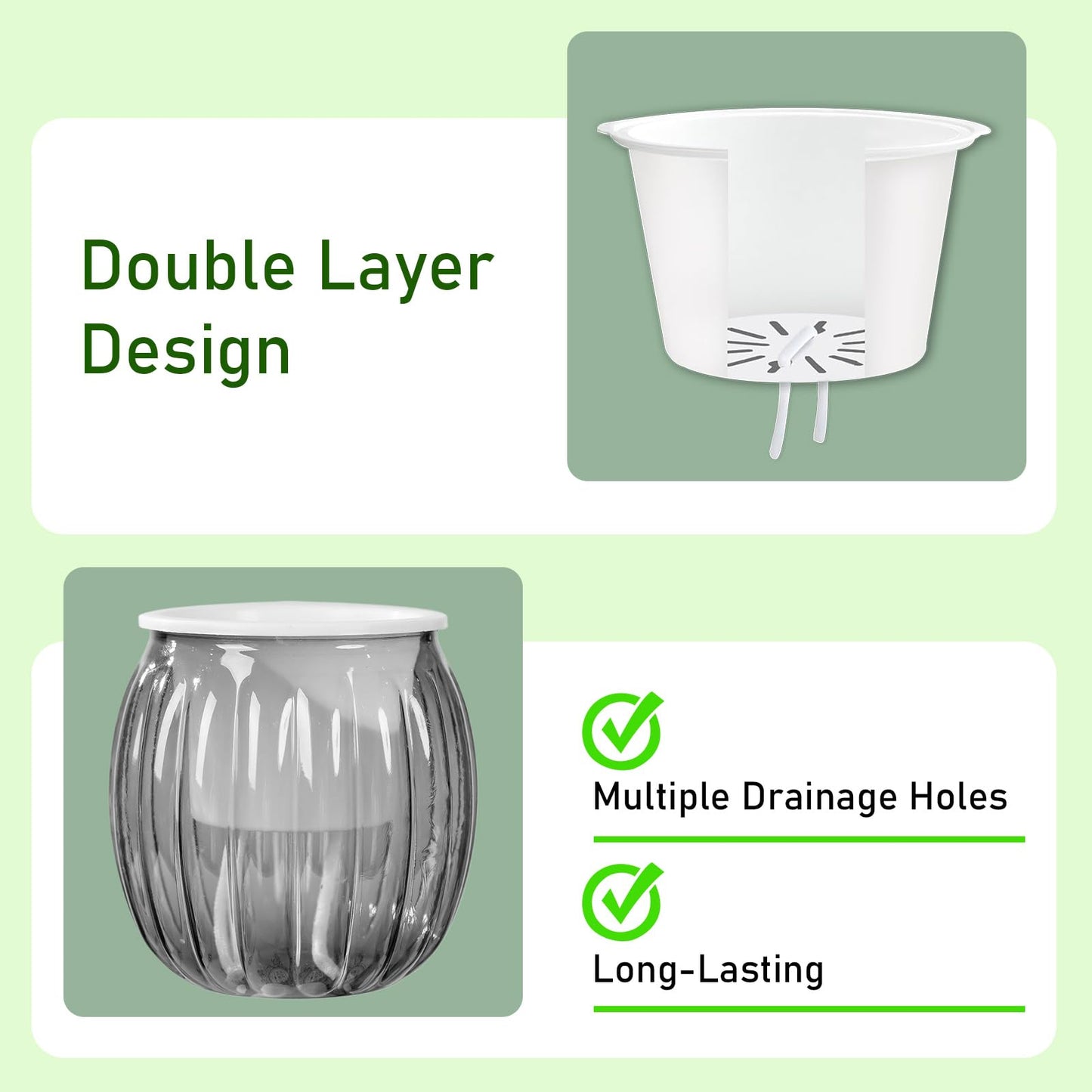 Qhzxcvlk 2 Pack Self Watering Planters Indoor Flower Pots, 5.1 Inch Clear African Violet Pots for Indoor Plants for Flower, Succulents, Plant Pots with Wicking Rope, Modern Decor(Black)