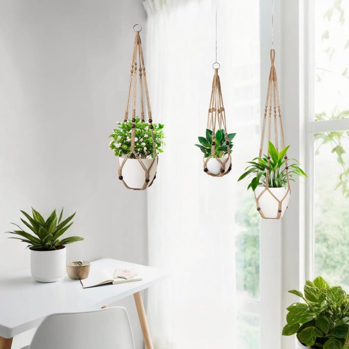 MDKFKDK 3 Pack Macrame Plant Hanger,Hanging Plant Holder, Boho Home Decor Hanging Basket with Wood Beads,Hanging Planters for Indoor Plants,Plant Hanger Indoor 35"/29"/23" Brown (POTS NOT Included)