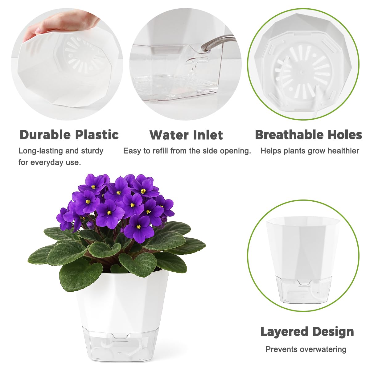 5 Pack Self Watering Pots for Indoor Plants, 5/6.7/8.4 Inches Self Watering Planters African Violet Self Watering Clear Pots for Plants Herb Orchid Flower Houseplant Pots, White