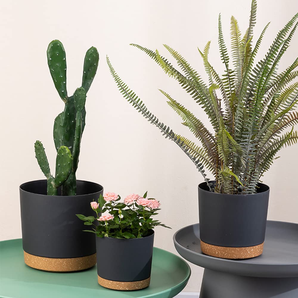 ZMTECH Planters for Indoor Plants, Plant Pots & Flower Pots, Plastic Plant Spring 3 Pack 8 Inch Self Watering Planter with Drainage Hole and Saucer, Modern Decorative for Indoor Outdoor, Dark Gray