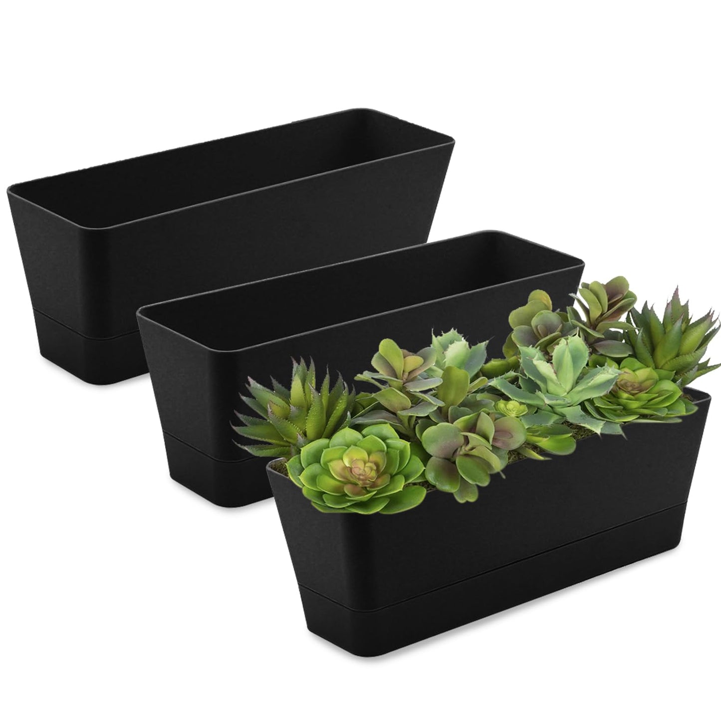 Lainrrew 3 Pack Window Box Planters, 12 Inches Rectangular Planter Plastic Flower Box Plant Pots Plant Containers with Tray for Balcony, Windowsill, Garden, Home Office Outdoor Decoration (Black)