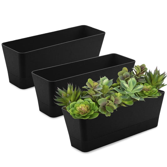 Lainrrew 3 Pack Window Box Planters, 12 Inches Rectangular Planter Plastic Flower Box Plant Pots Plant Containers with Tray for Balcony, Windowsill, Garden, Home Office Outdoor Decoration (Black)