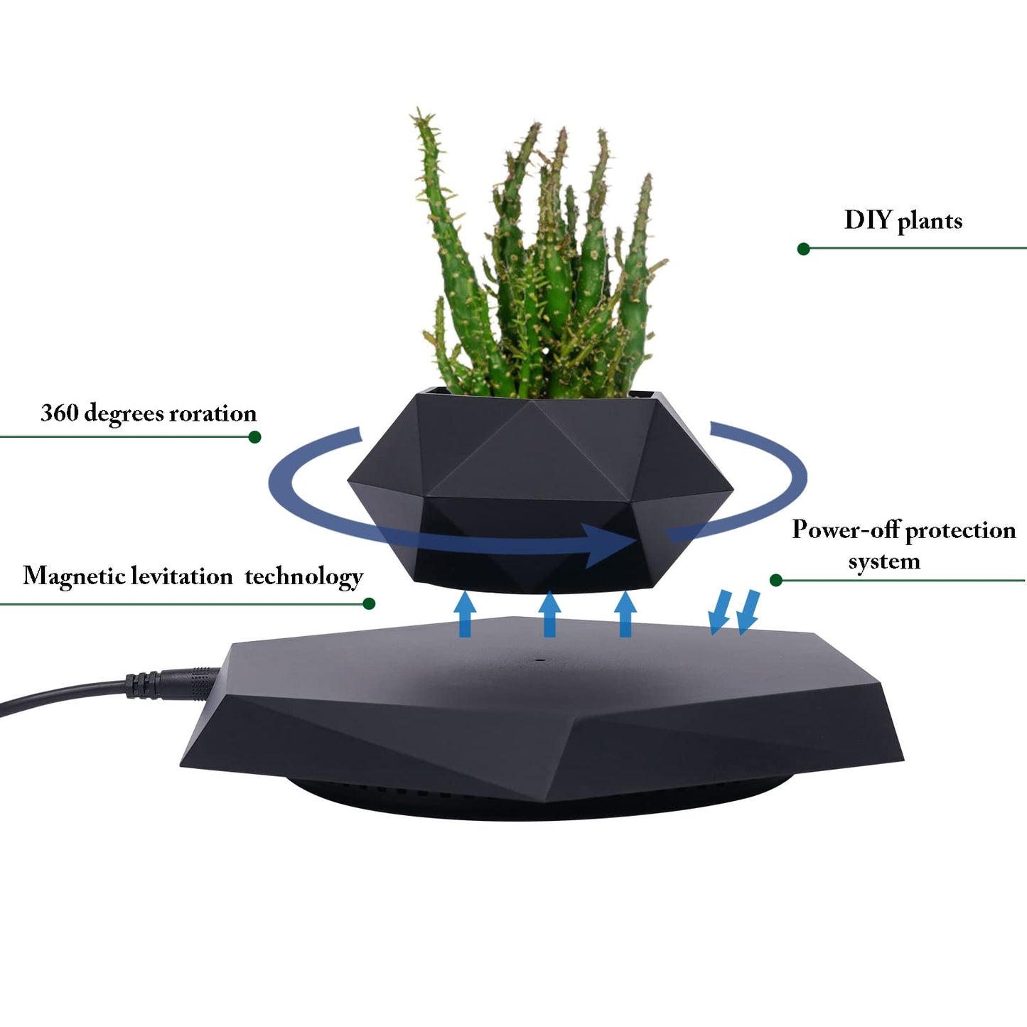 WUPYI Floating Plant Pot,Magnetic Levitating Plant Pot for Air Plants,Rotating Air Bonsai Planter Flower Pot for Office Home Levitating Desk Levitating Decor(Black)