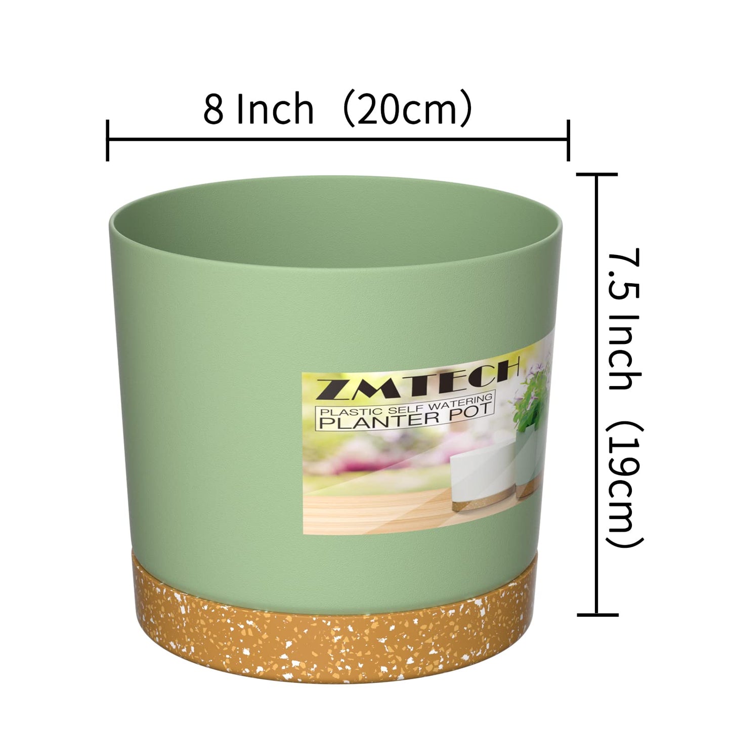 ZMTECH Spring Planters for Indoor Plants, Plant Pots & Flower Pots, Plastic Planter 3 Pack 8 Inch Self Watering with Drainage Hole and Saucer, Modern Decorative Indoor Outdoor, Green