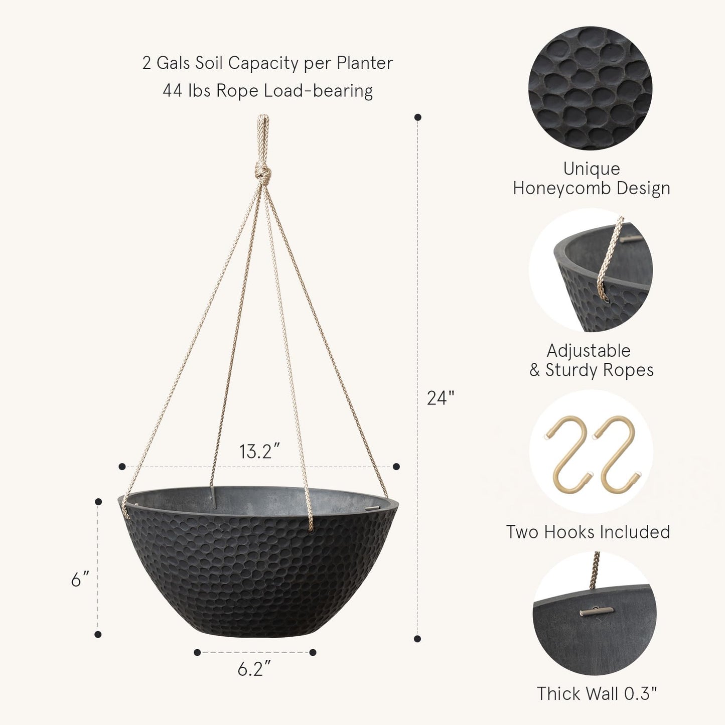 LA JOLIE MUSE Hanging Planters for Outdoor Plants, Large Hanging Planter with Drain Holes, Outdoor Hanging Flower Pots, Matte Black, Honeycomb (13.2 Inch, Set of 2)