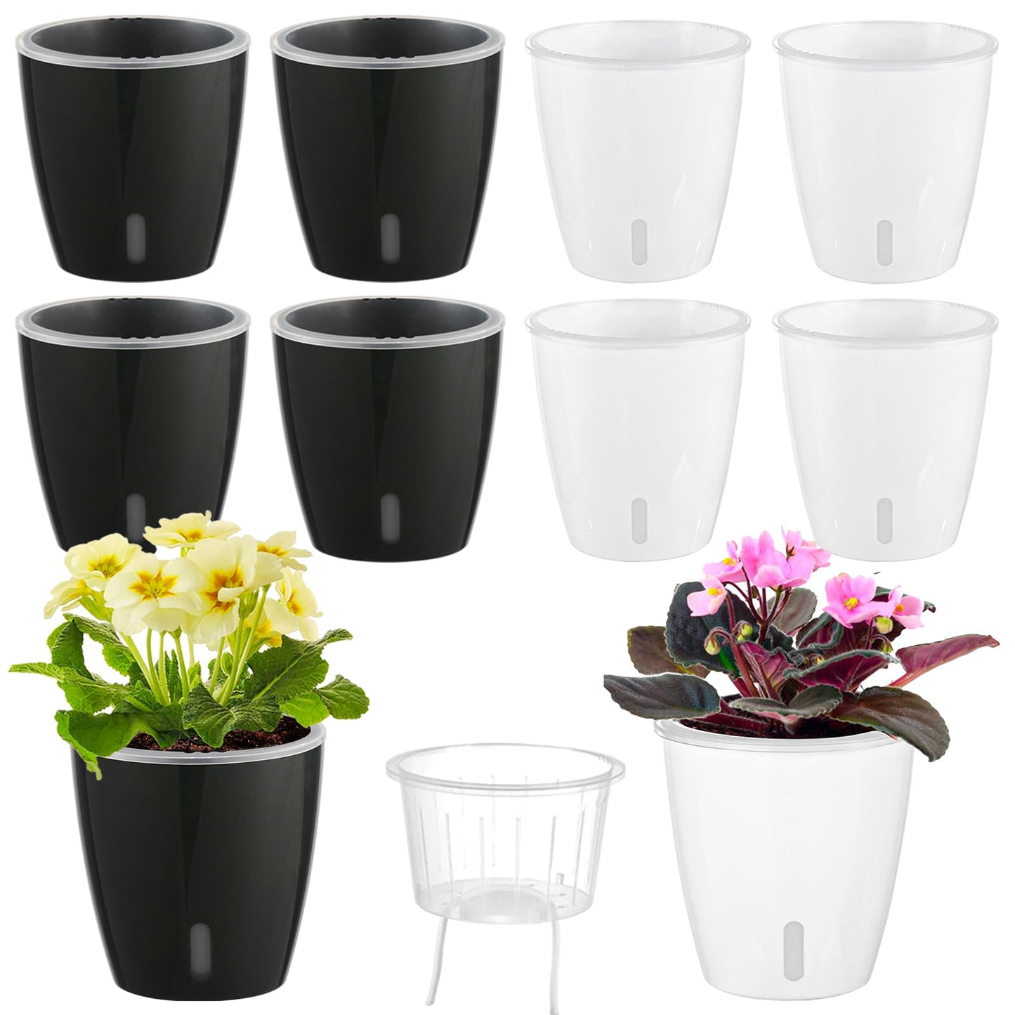 KvyusFlourish Self Watering Pots for Indoor Plants, 8-Pack 5'' Self Watering Planter with Drainage Holes, Small African Violet Pots with Water Level Indicator, Clear Wick Pot, White/Black
