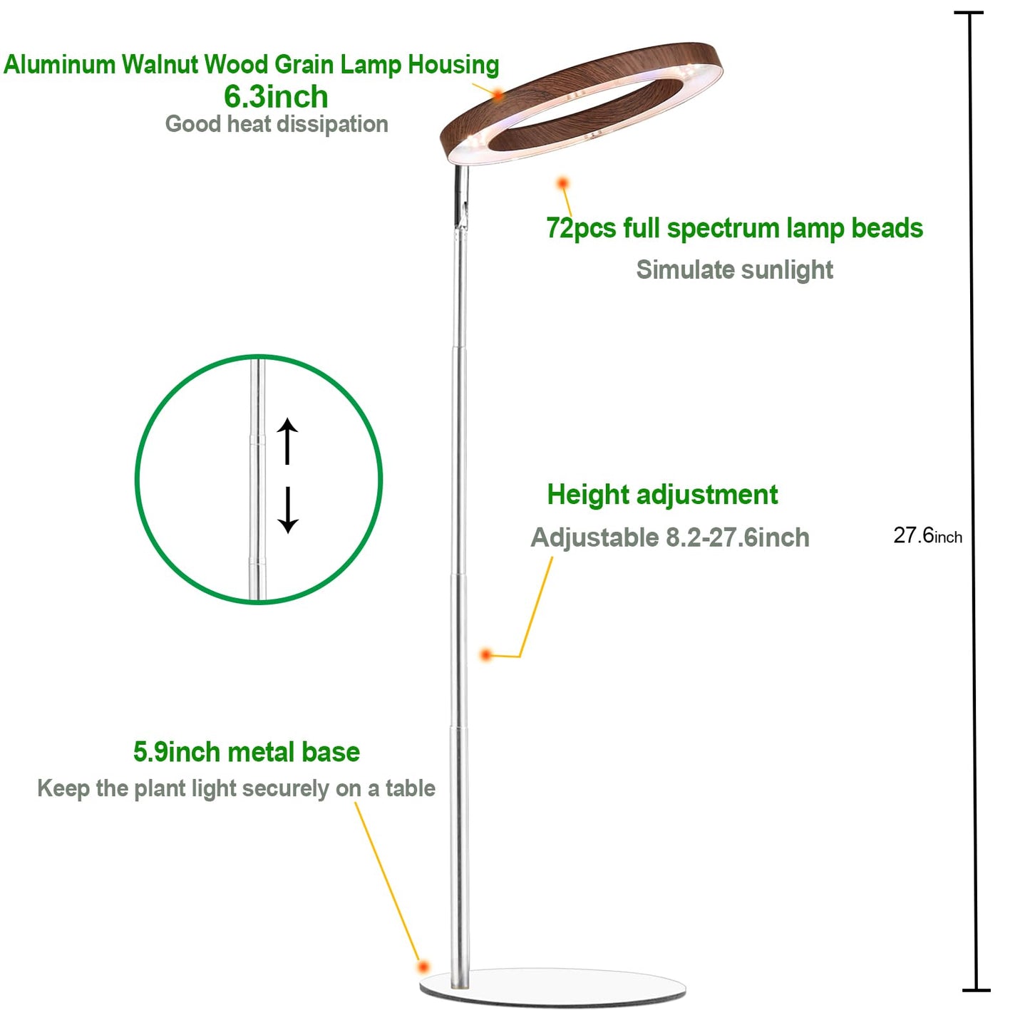Yadoker 144 LEDs Plant Grow Light for Indoor Plant,Walnut Wood Grain Aluminum LED Grow Light with White Base, Height Adjustable,6.3" Aluminum Housing,Automatic Timer with 8/12/16 Hours,2 Pack