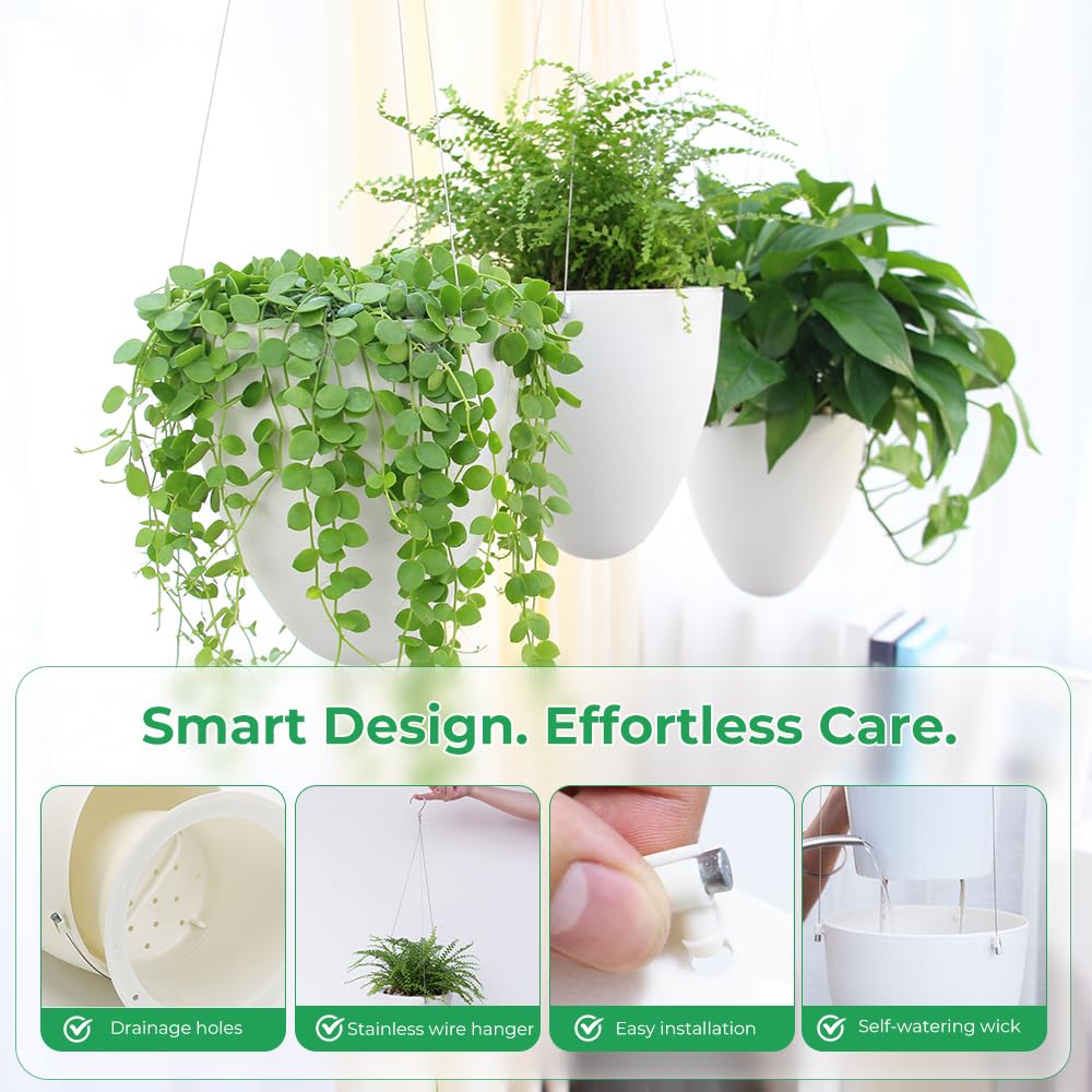 Self-Watering Hanging Planter: 6 Inch Inner Diameter, Indoor Outdoor, Stainless Steel Wire Hanger & Drip Tray, Pothos Philodendron Fern Herbs Scindapsus, Modern Minimalist Design (3 Pack, White)