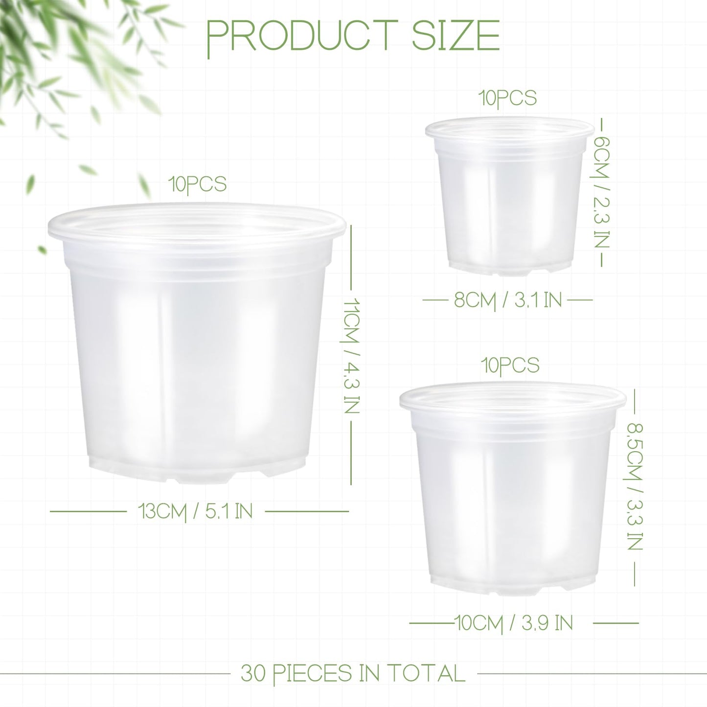 JOBVERT 3/4/5 Inch Nursery Pot, 30 Pack Clear Plastic Pots with Drainage for Planting Vegetables Flowers Seedlings