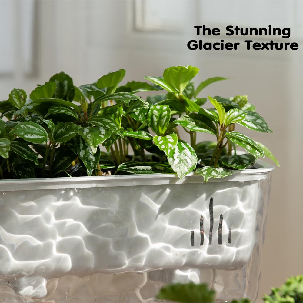 Qimodo 3 Pack Self Watering Rectangular Plant Pots, 11" x 5"x 5" Plant Containers with Drainage Holes, Rectangle Houseplant Window Planters for Succulents, Flowers,Herbs,Vegetables (Off-White)