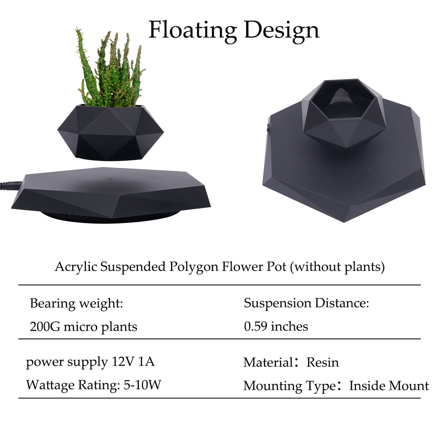 EEYBLAEEY Levitating Plant Pot Floating Plant Pot Magnetic Flower Air Bonsai Black Hexagon Suspension Floating 360 Degree Rotation Pot Home and Office Desk Decor