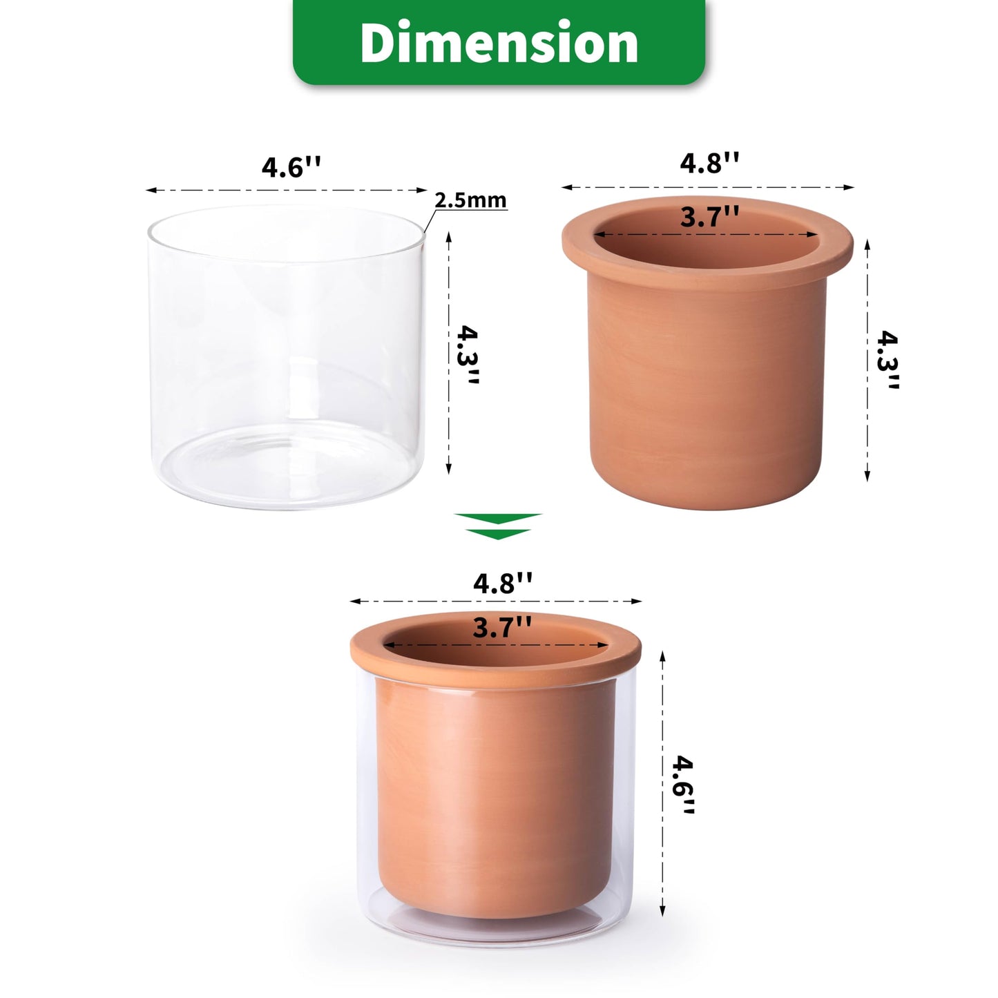 Phoenix Vine 4 Inch Self Watering Plants Pot, Design Terracotta Pot for Plants, Indoor Cylinder Terra Cotta Planter with Glass Vase, Set of 2, 51-A-E-2