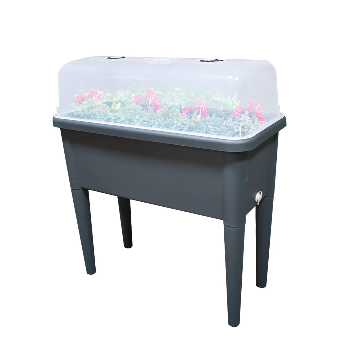 FENCETECH 20.8 Gallon Self Watering Raised Garden Bed with Greenhouse Cover, 30" x 25.6" x 15" Plastic Plant Box with Legs and Drainage Plug, Grey