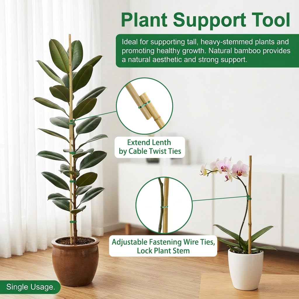 Plant Stakes Natural Bamboo Sticks - 50 Pcs Bamboo Garden Stakes for Plants 18 Inches Plant Support Sticks with Twist Ties for Tomatoes Beans Orchid Flowers Indoor Outdoor Potted Climbing Plants