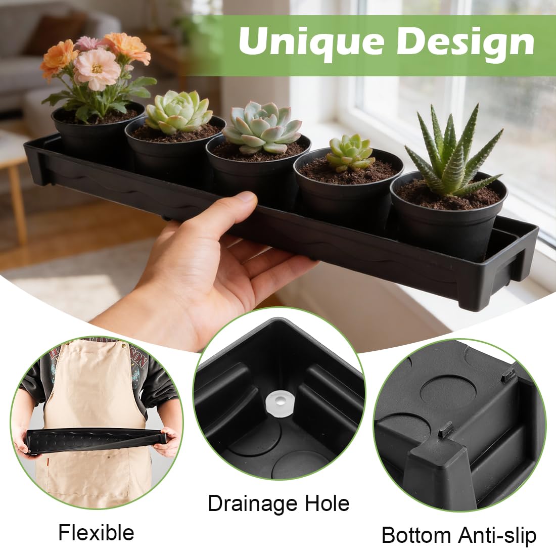 RooTrimmer 5 Pack Plastic Plant Saucer (17"x3"x1.5"), Rectangular Window Sill Plant Pot Trays with Removable Drainage Hole, Thick Windowsill Saucer Tray for 2.8 inch (7CM) Flower Nursery Pots (Black)