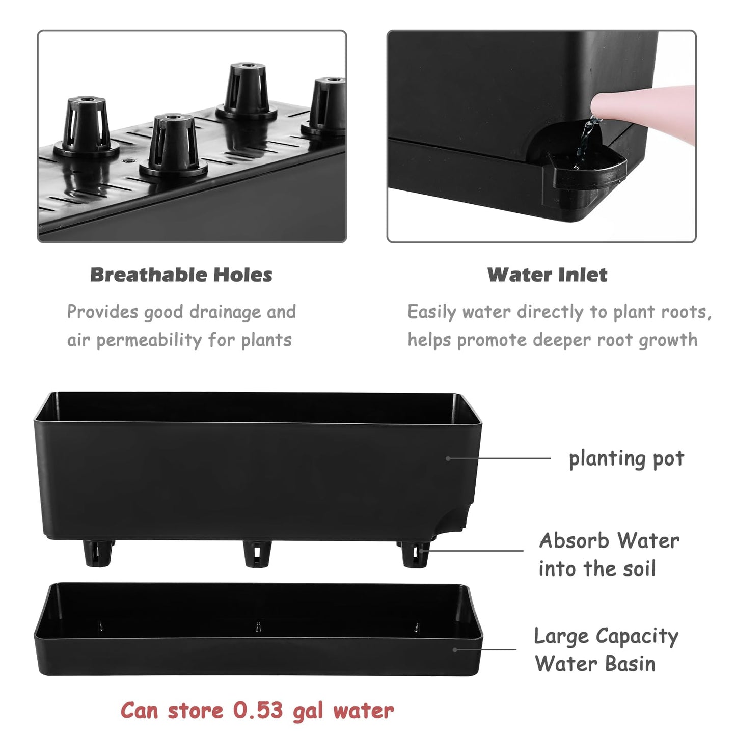 Self Watering Pots for Indoor Plants 17 Inches Window Boxes Planters Rectangular Flower Pots Rectangle Herb Pots Large Plant Pots with Drainage Holes and Saucers Windowsill Planter (4, Black)